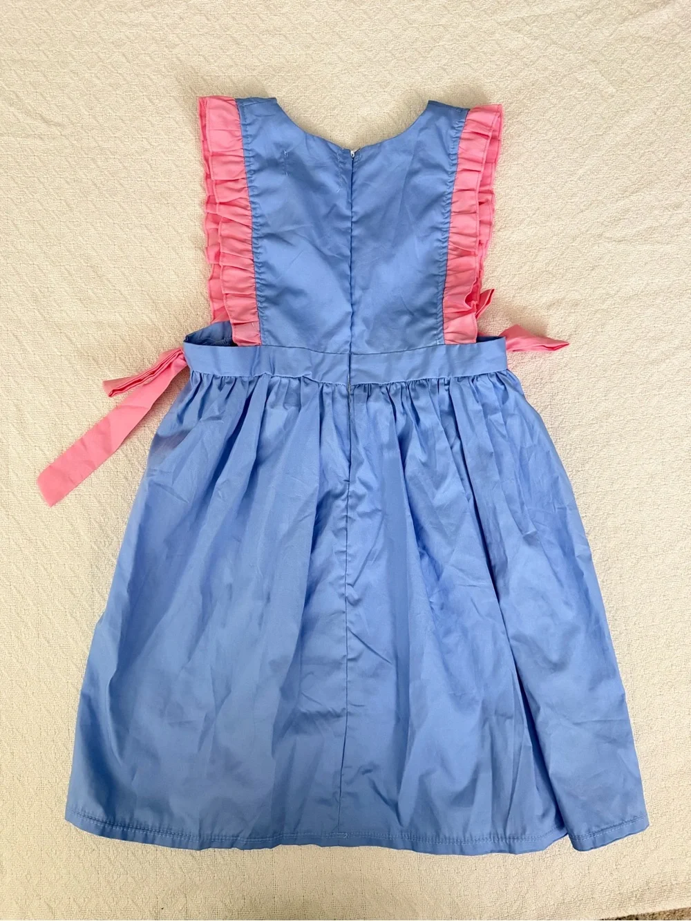 City Beautiful Children’s Boutique Blue Apron Dress Pink Ruffle Trim and Bows